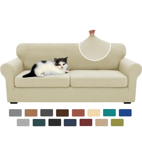 3 Piece Stretch Sofa Cover (71"-91"(2 Cushions) / Light Beige)