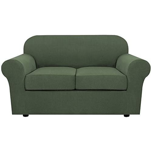 3 Piece Stretch Sofa Covers for 2 Cushion Loveseat Couch Covers for Living Room Furniture Cover (Medium / Bronze Green)