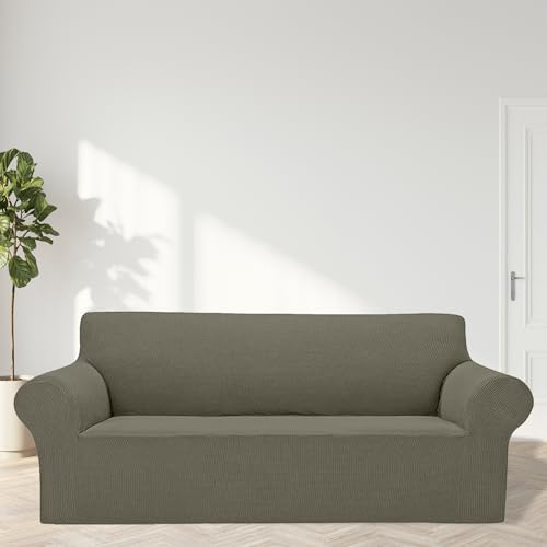 2026 New Stretch Sofa Slipcovers Couch Cover for 3 Cushion Furniture Protector Sofa Covers with Elastic Bottom Jacquard Fabric Small Checks for Pets (Khaki / Sofa)