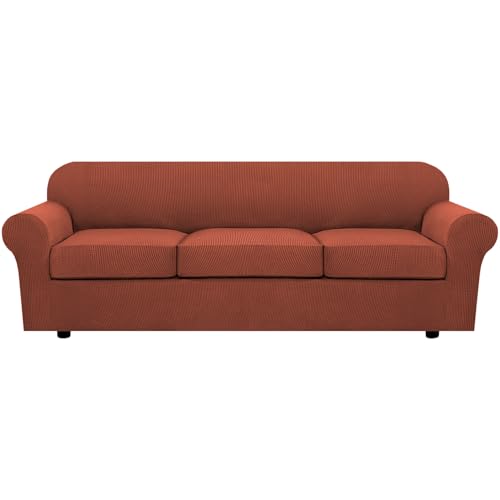 4 Piece Stretch Sofa Covers for 3 Cushion Couch Covers Furniture Slipcovers for Living Room (X-Large / Rust)