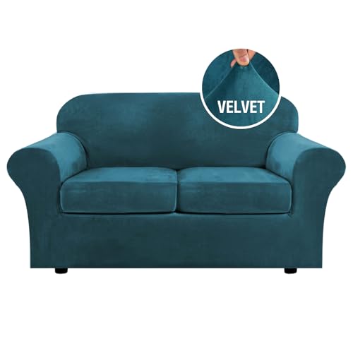 Real Velvet Plush 3 Piece Stretch Sofa Covers Couch Covers for 2 Cushion Couch Loveseat Covers Width Up to 72 Inch Feature Thick Soft Stay in Place (2 Cushion Loveseat / Deep Teal)