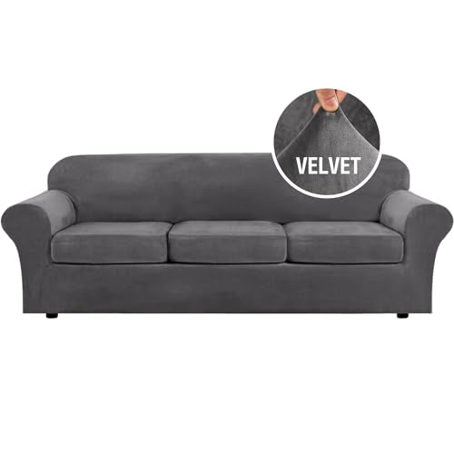 Velvet 4 Piece High Stretch Sofa Slipcover Cover Furniture Protector Form Fit Luxury Thick Velvet Extra Large Sofa Cover for 3 Cushion Couch Width Up to 105 Inch (3 Cushion XL Sofa / Grey)