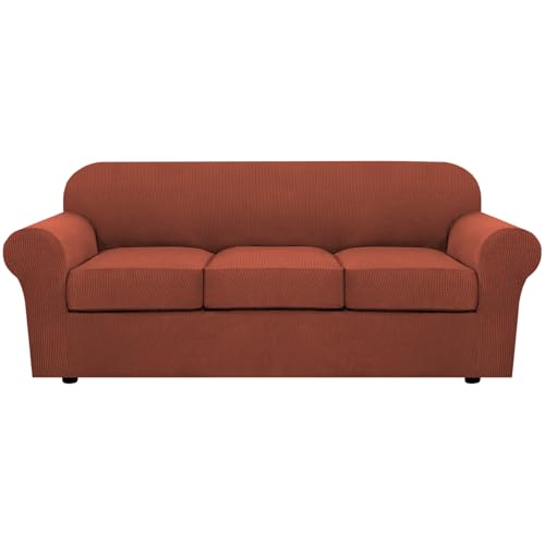 4 Piece Stretch Sofa Covers for 3 Cushion Couch Covers for Living Room Furniture Slipcovers (Large / Rust)