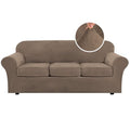 Modern Velvet Plush 4 Piece High Stretch Sofa Slipcover Sofa Cover Furniture Protector Form Fit Thick Velvet Sofa Cover for 3 Cushion Couch Width Up to 90 Inch (3 Cushion Sofa / Mocha)