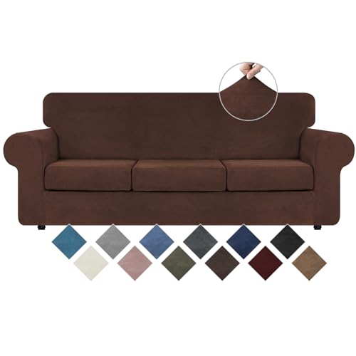 4 Pieces Couch Cover for Sofa Velvet Sofa Covers Washable (Large / Chocolate)