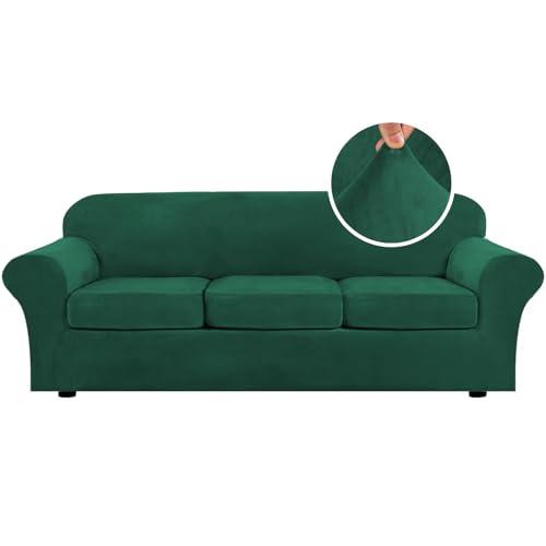 High Stretch Sofa Slipcover 4 Piece Cover Velvet Furniture Protector Form Fit Thick Velvet Extra Large Sofa Cover for 3 Cushion Couch Width Up to 97 Inch (3 Cushion Large Sofa / Green)