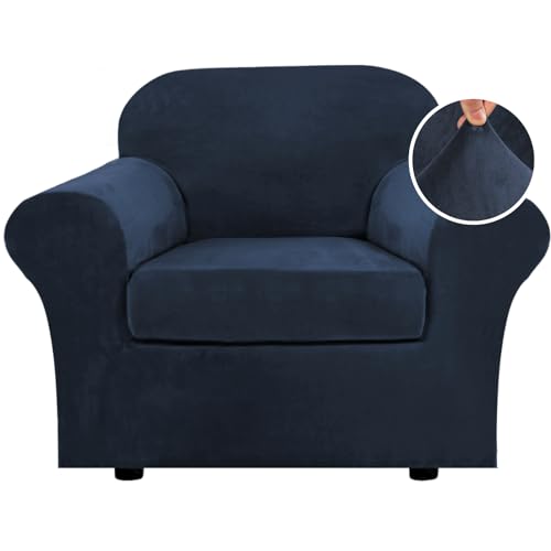 Rich Velvet Stretch 2 Piece Cover Chair Slipcover Sofa Cover Furniture Protector Couch Soft with Elastic Bottom Chair Couch Cover with Arms Width Up to 49 Inch (1 Cushion Chair / Navy)