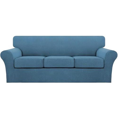 4 Piece Sofa Covers for 3 Cushion Couch Sofa Slipcover Soft Couch Cover for Dogs Washable Furniture Cover with 3 Individual Large Cushion Covers Feature Fabric (L Sofa (3 Cushion) / Dusty Blue)