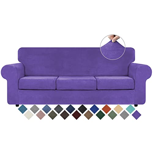 4 Pieces Couch Cover for Sofa Velvet Sofa Covers Washable (Large / Purple)