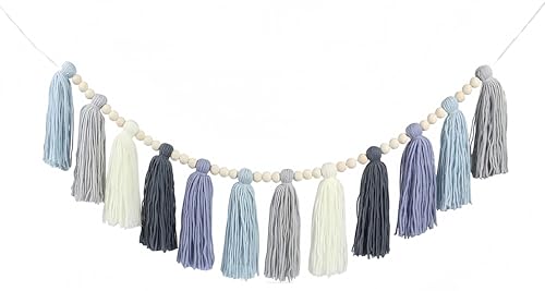Tassel Garland with Wood Bead Jungle Leaves Garland Banner for Classroom Party Nursery Kids Bedroom Room Wall Birthday Baby Shower Wedding Decor (F)