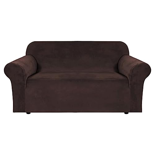 Stretch Velvet Loveseat Covers for 2 Cushion Couch Covers for Living Room Sofa Covers Slipcovers with Non Slip Straps Bottom (Chocolate / Loveseat)