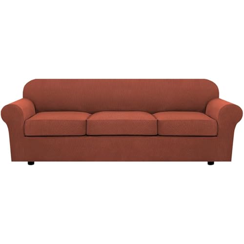4 Piece Stretch Sofa Covers for 3 Cushion Couch Covers for Living Room Furniture Slipcovers (Large Plus / Rust)