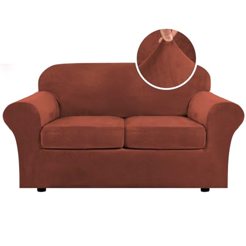 Real Velvet Plush 3 Piece Stretch Sofa Covers Couch Covers for 2 Cushion Couch Loveseat Covers (2 Cushion Loveseat / Rust)