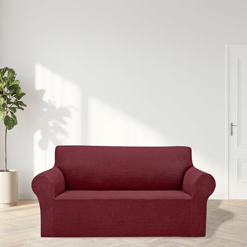 2026 New Stretch Loveseat Sofa Slipcovers Couch Cover for 2 Cushion Furniture Protector Sofa Covers with Elastic Bottom Jacquard Fabric Small Checks for Pets (Dark Red / Loveseat)