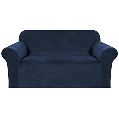 Stretch Velvet Loveseat Covers for 2 Cushion Couch Covers for Living Room Sofa Covers Slipcovers with Non Slip Straps Bottom (Navy / Loveseat)