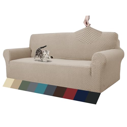 1 Piece Jacquard Couch Covers for 3 Cushion Couch High Stretch Sofa Cover for Pets Dogs Anti Slip Extra Large Sofa Slipcovers Furniture Protector (X-Large (91"-112") / Khaki)