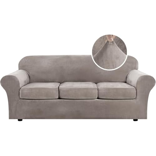 Modern Velvet Plush High Stretch Sofa Slipcover Furniture Protector Form Fit Luxury Thick Sofa Cover for 3 Cushion Couch (3 Cushion Sofa / Taupe)