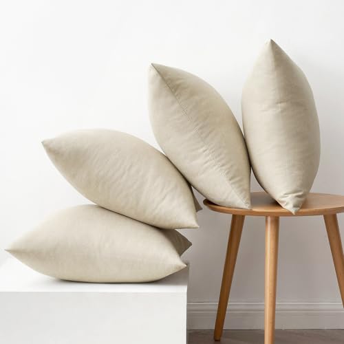 Pack of 4 Decorative Outdoor Throw Pillow Covers Linen Waterproof Pillow Covers Summer Farmhouse Cushion Cases for Patio Garden Tent Balcony Couch Sofa 16x16 Inch Beige (16" x 16" (Pack of 4) / Beige)