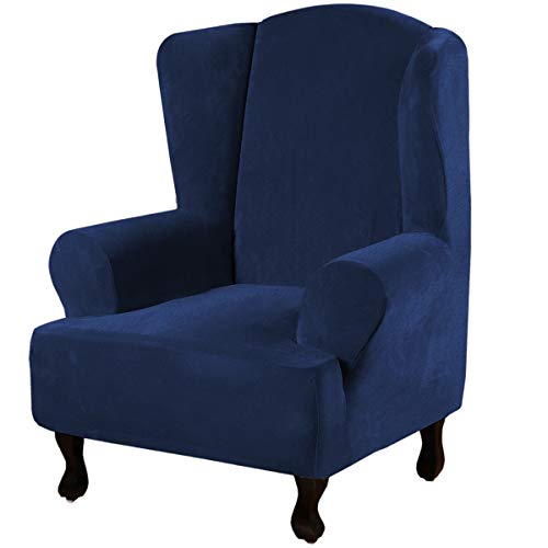 Wingback Chair Covers Velvet Plush Wing Chair Slipcover 1 Piece High Stretch Wing Back Chair Slipcovers Sofa Cover Furniture Cover with Elastic Bottom (Navy / Wing Chair)