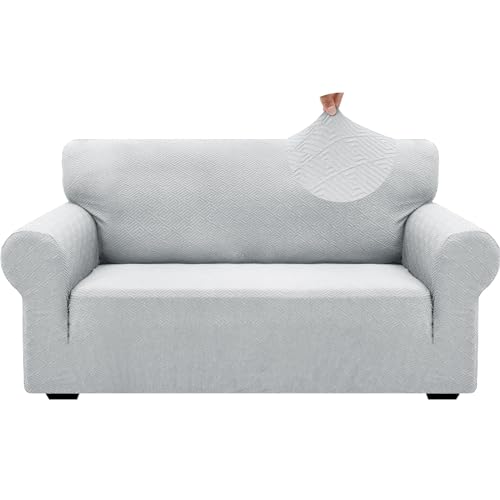 1 Piece Jacquard Couch Covers for 2 Cushion Couch High Stretch Loveseat Slipcover for Pets Dogs Anti Slip Love Seat Sofa Slipcover Furniture Protector (Medium (55"-69") / New Pattern Silver Grey)