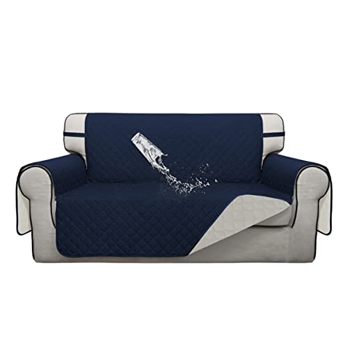 Double Protection 100% Waterproof Loveseat Sofa Covers for Living Room (Navy/Ivory / Loveseat Medium)
