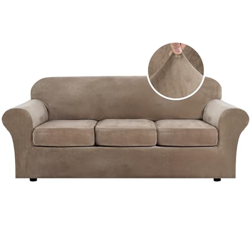 Modern Velvet Plush 4 Piece High Stretch Sofa Slipcover Strap Sofa Cover Furniture Protector Form Fit Luxury Thick Velvet Sofa Cover for 3 Cushion Couch Width Up to 90 Inch (3 Cushion Sofa / Camel)