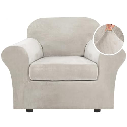 Rich Polyester Spandex Blend 2 Piece Cover Chair Slipcover Sofa Cover Furniture Protector Couch Soft with Elastic Bottom Chair Couch Cover with Arms Width Up to 49 Inch (1 Cushion Chair / Oatmeal)