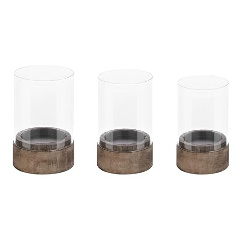 Set of 3 Glass Hurricane Candle Holders for Pillars with Vintage Natural Solid Wooden Bases (Old Natural / 3.2"&4"&4.8")