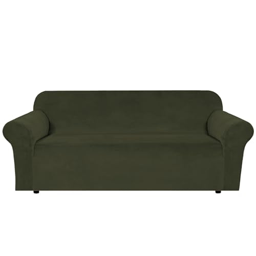 Stretch Velvet Sofa Covers for 3 Cushion Couch Covers Furniture Protector Soft with Non Slip Elastic Bottom (Olive / Sofa L)