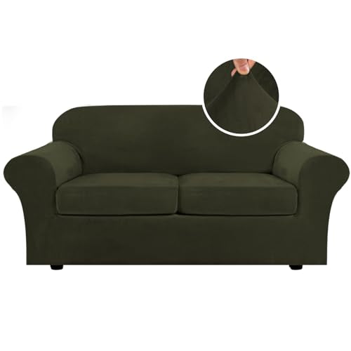 Real Velvet Plush 3 Piece Stretch Sofa Covers Couch Covers for 2 Cushion Couch Sofa Slipcovers Width Up to 90 Inch Feature Thick Soft Stay in Place (2 Cushion Sofa / Olive)
