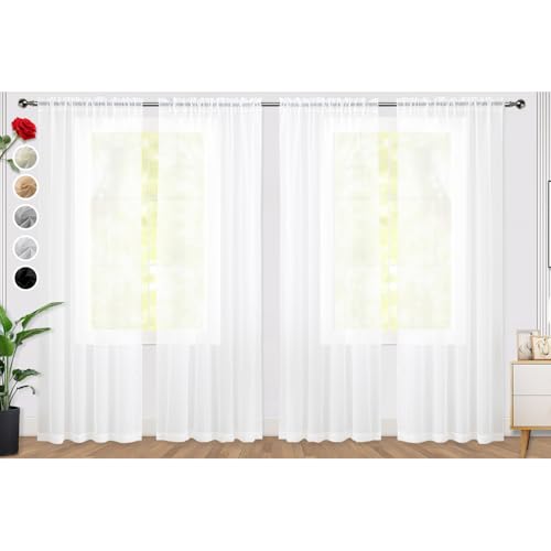 Sheer White Curtains 4 Panels Rod Pocket Semi (White / 52"W x 90"L (Pack of 4))