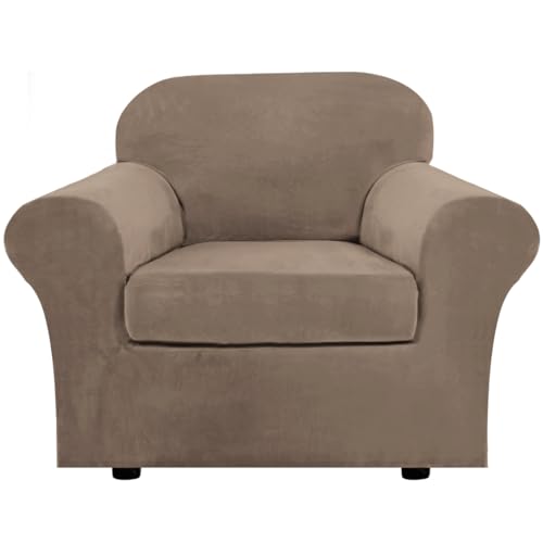 Rich Velvet Stretch 2 Piece Cover Chair Slipcover Sofa Cover Furniture Protector Couch Soft with Elastic Bottom Chair Couch Cover Width Up to 49 Inch (1 Cushion Chair / Mocha)