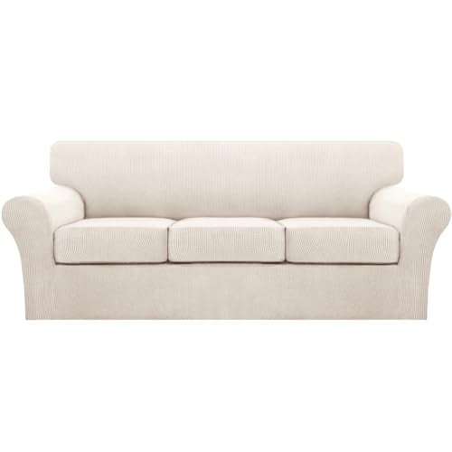 4 Piece Sofa Covers for 3 Cushion Couch Sofa Slipcover Soft Couch Cover for Dogs Washable Furniture Cover with 3 Individual Large Cushion Covers Feature Fabric (L Sofa (3 Cushion) / Ivory)