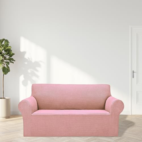 2026 New Stretch Loveseat Sofa Slipcovers Couch Cover for 2 Cushion Furniture Protector Sofa Covers with Elastic Bottom Jacquard Fabric Small Checks for Pets (Dusty Pink / Loveseat)