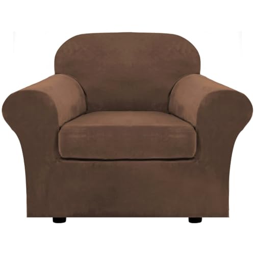 Rich Velvet Stretch 2 Piece Cover Chair Slipcover Sofa Cover Furniture Protector Couch Soft with Elastic Bottom Chair Couch Cover with Arms Width Up to 49 Inch (1 Cushion Chair / Caramel Cafe)