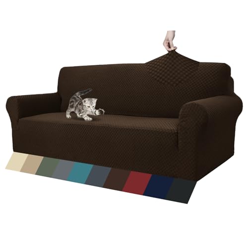 1 Piece Jacquard Couch Covers for 3 Cushion Couch High Stretch Sofa Cover for Pets Dogs Anti Slip Extra Large Sofa Slipcovers Furniture Protector (X-Large (91"-112") / Dark Coffee)
