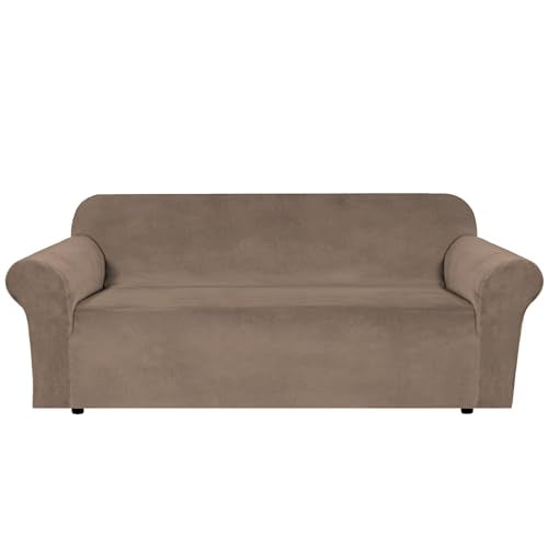 Stretch Velvet Sofa Covers for 3 Cushion Couch Covers Furniture Protector Soft with Non Slip Elastic Bottom (Mocha / Sofa)