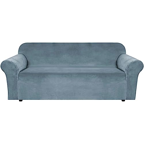 Stretch Velvet Sofa Covers for 3 Cushion Couch Covers Sofa Slipcovers Furniture Protector Soft with Non Slip Elastic Bottom (Stone Blue / Sofa)