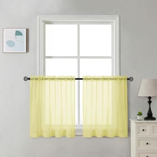 Short Sheer Curtains 30 inch Length 2 Panels (Light Yellow / 42"W x 30"L (Pack of 2))