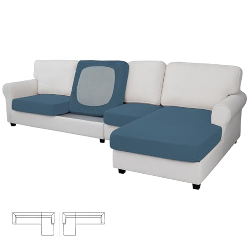Stretch 4 Pieces Couch Cushion Covers for Sectional Sofa L Shape (3 Seater + 1 Chaise / Bluestone)