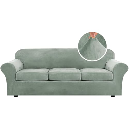 High Stretch Sofa Slipcover 4 Piece Cover Velvet Furniture Protector Form Fit Thick Velvet Extra Large Sofa Cover for 3 Cushion Couch Width Up to 97 Inch (3 Cushion Large Sofa / Sea Grass)