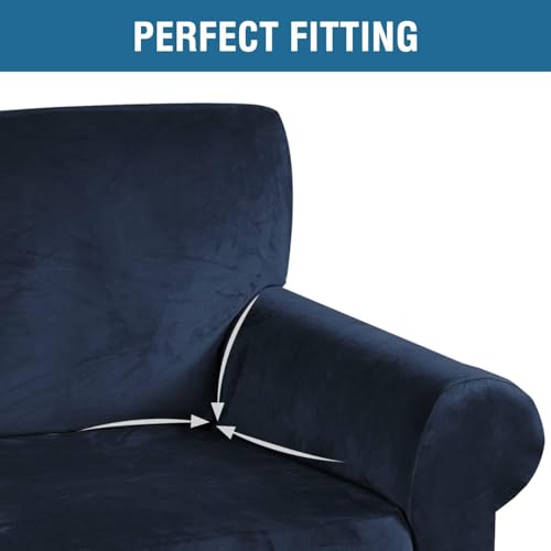 Stretch Velvet Sofa Covers for 3 Cushion Couch Covers Furniture Protector Soft with Non Slip Elastic Bottom (Navy / Sofa L)
