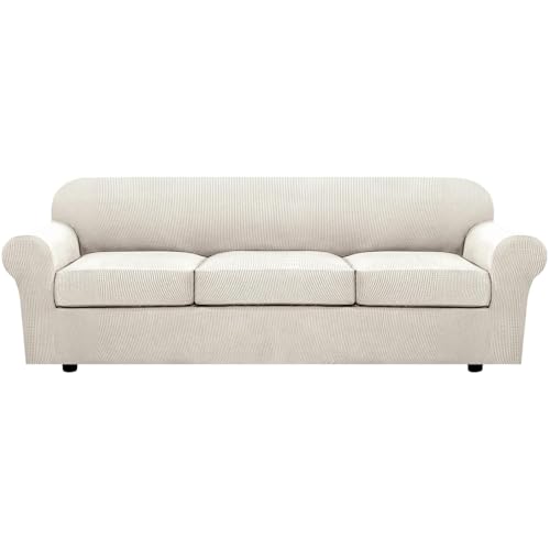 4 Piece Stretch Sofa Covers for 3 Cushion Couch Covers for Living Room Furniture Slipcovers (Large Plus / Ivory)
