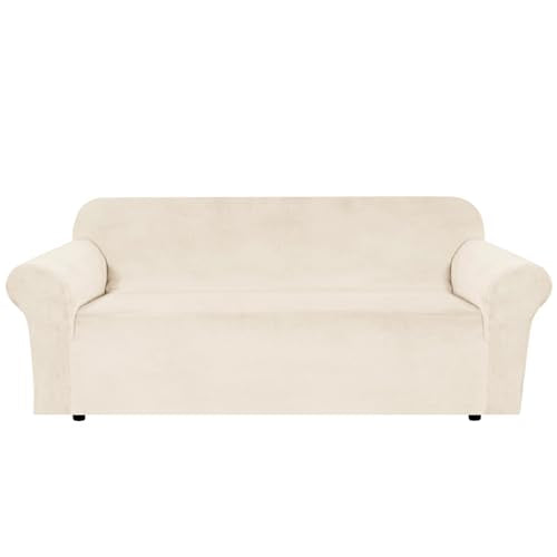 Stretch Velvet Sofa Covers for 3 Cushion Couch Covers Protector Soft with Non Slip Elastic Bottom (Cream / Sofa L)