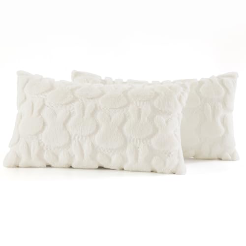 Cream White Faux Fur Bunny Throw Pillow Covers 12x20 Set of 2 (20" x 12" (Pack of 2) / Rabbits Cream White)