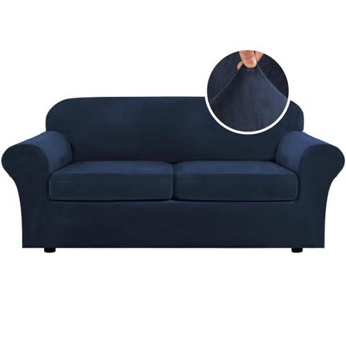 Real Velvet Plush 3 Piece Stretch Sofa Covers Couch Covers for 2 Cushion Couch Sofa Slipcovers Width Up to 90 Inch Feature Thick Soft Stay in Place (2 Cushion Sofa / Navy)
