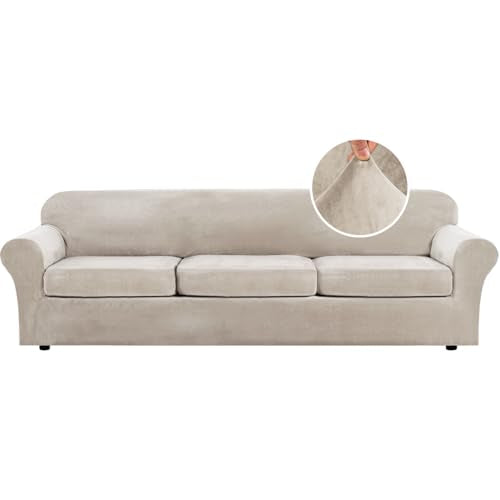 Modern Velvet Plush 4 Piece High Stretch Sofa Slipcover Furniture Protector Form Fit Velvet Extra Large Sofa Cover for 3 Cushion Couch Width Up to 105 Inch (3 Cushion XL Sofa / French Oak)