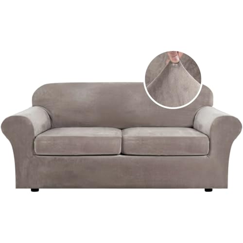 Real Velvet Plush 3 Piece Stretch Sofa Covers Couch Covers for 2 Cushion Couch Sofa Slipcovers Width Up to 90 Inch Feature Thick Soft Stay in Place (2 Cushion Sofa / Taupe)