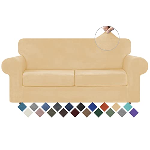 Velvet Stretch 3 Pieces Couch Cover for Sofa Washable (Medium / Champagne)