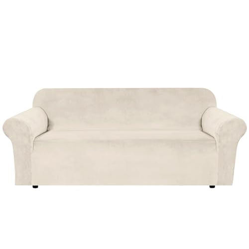 Stretch Velvet Sofa Covers for 3 Cushion Couch Covers Sofa Slipcovers Furniture Protector Soft with Non Slip Elastic Bottom (Ivory / Sofa)